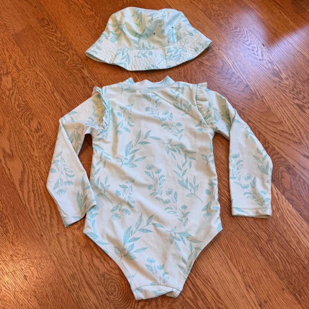 Eddie Bauer Mint Green Leaf Print Girls Rash Guard w/ bucket hat sz 24 months